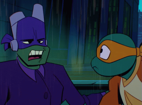 Two Teenage Mutant Ninja Turtles Are Standing Next To Each Other GIF