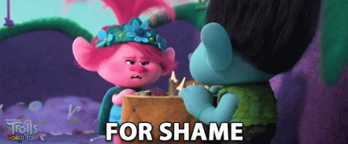 Two Trolls Are Standing Next To Each Other And The Word For Shame Is On The Screen GIF