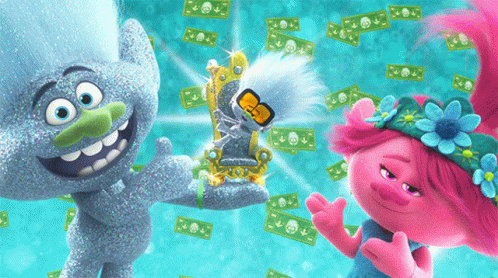 Two Trolls Are Standing Next To Each Other In Front Of A Pile Of Dollar Bills GIF