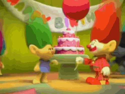 Two Trolls Standing In Front Of A Birthday Cake With Balloons And A Banner That Says Birthday GIF
