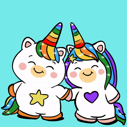 Two Unicorns Are Standing Next To Each Other And Smiling GIF