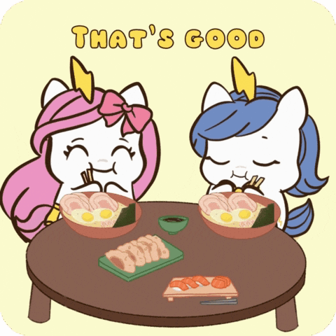 Two Unicorns Eating Food Saying That's Good GIF