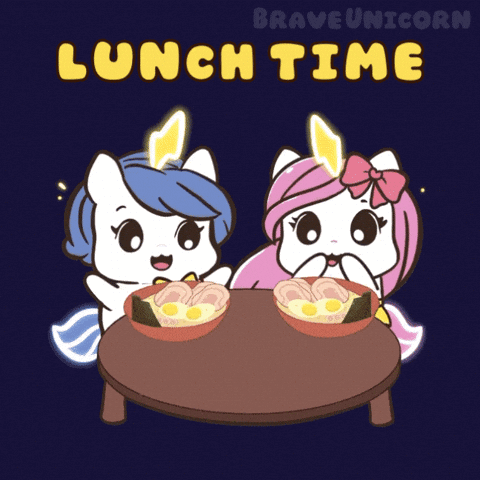 Two Unicorns Sit At A Table With Bowls Of Food And The Words Lunch Time Below Them GIF