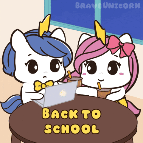 Two Unicorns Sitting At A Table With The Words Back To School Written On The Bottom GIF