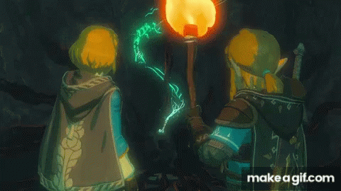 Two Video Game Characters Standing Next To Each Other Holding A Torch With Make A Gif.com In The Bottom Right Corner GIF