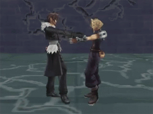Two Video Game Characters Standing Next To Each Other Holding Hands GIF