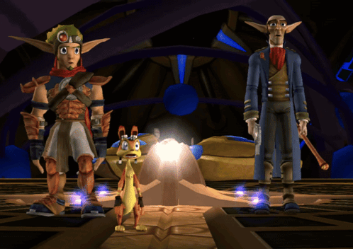 Two Video Game Characters Standing Next To Each Other In A Room GIF