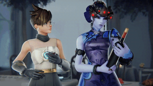 Two Video Game Characters Standing Next To Each Other One Holding A Wine Bottle GIF
