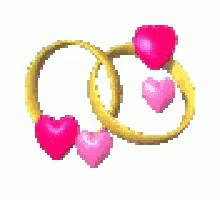 Two Wedding Rings With Pink Hearts Surrounding Them On A White Background GIF