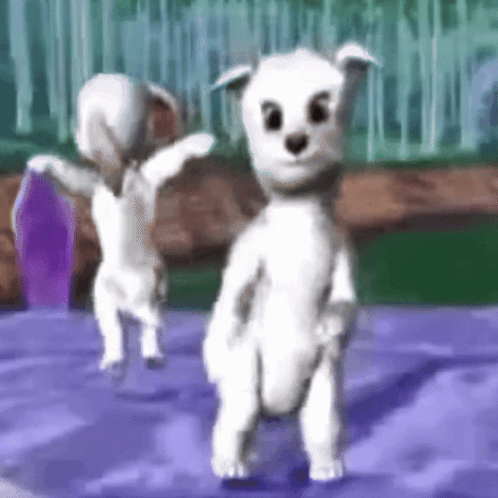 Two White Cartoon Dogs Are Dancing On A Purple Surface . GIF