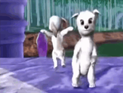 Two White Dogs Are Standing Next To Each Other On A Blue Surface . GIF