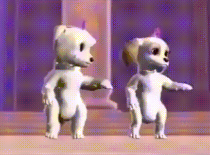 Two White Teddy Bears Are Dancing In Front Of A Purple Background . GIF