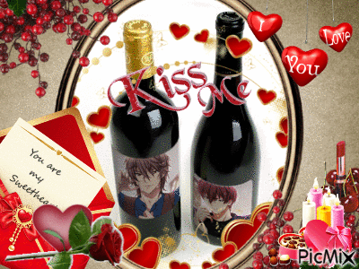 Two Wine Bottles Surrounded by Hearts