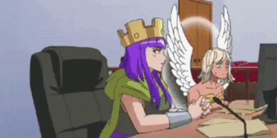 Two Winged Women Sitting at Desk With Computer Monitor