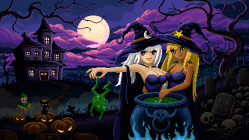 Two Witches Are Standing Next To A Cauldron With A Frog In It GIF