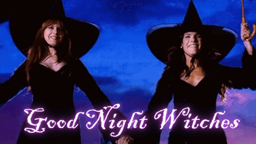 Two Witches Holding Hands With The Words " Good Night Witches " Below Them GIF