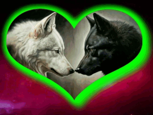 Two Wolves Facing Each Other with Green Heart