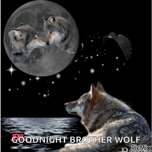 Two Wolves Kissing in Front of Full Moon Goodnight Brother Wolf