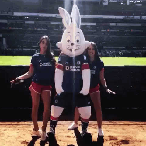 Two Women and Bunny Mascot Saying Cement