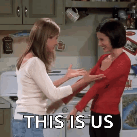 Two Women Are Dancing In A Kitchen With The Words This Is Us Written On The Bottom GIF
