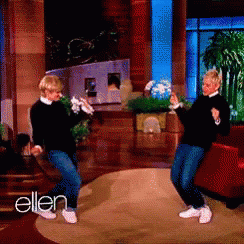 Two Women Are Dancing In A Room With The Words Ellen On The Bottom GIF