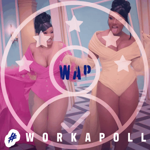 Two Women Are Dancing In Front Of A Circle With The Word Wap On It GIF