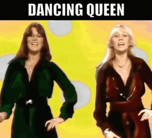 Two Women Are Dancing In Front Of A Yellow Background With The Words `` Dancing Queen '' Written Above Them . GIF