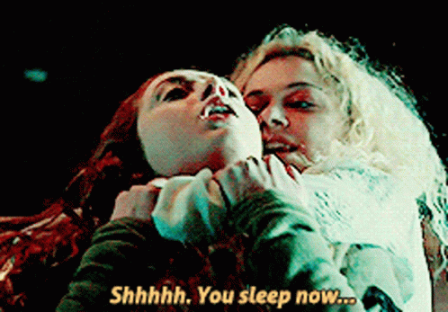 Two Women Are Hugging Each Other And One Of Them Says Shhhh You Sleep Now GIF