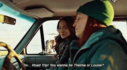 Two Women Are Sitting In A Car Talking To Each Other . One Of The Women Is Wearing A Green Hat . GIF