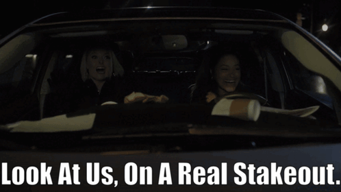 Two Women Are Sitting In A Car With The Words Look At Us On A Real Stakeout GIF