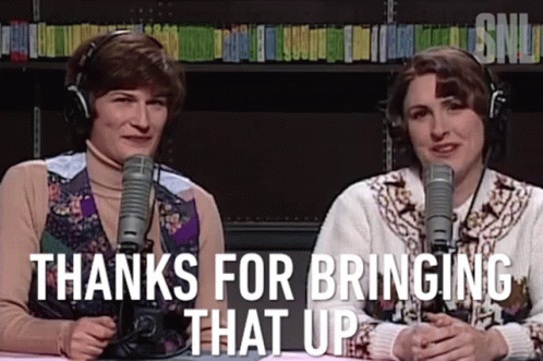 Two Women In Front Of Microphones Thanks For Bringing That Up GIF