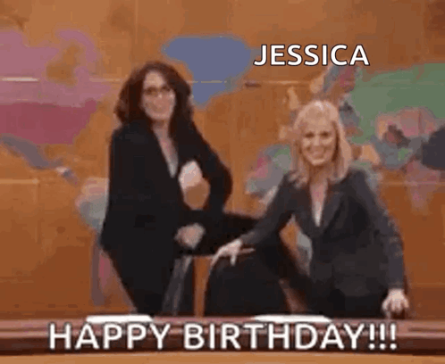 Two Women Are Sitting Next To Each Other And Laughing With The Words `` Happy Birthday !!! '' GIF