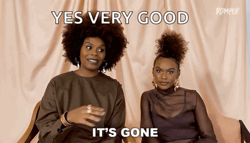Two Women Are Sitting Next To Each Other And One Of Them Is Saying " Yes Very Good It 'S Gone " GIF