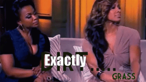 Two Women Are Sitting On A Couch With The Words Exactly Dirty And Grass In The Background GIF