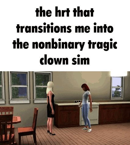 Two Women Are Standing In A Kitchen With The Words The Hrt That Transitions Me Into The Nonbinary Tragic Clown Sim GIF