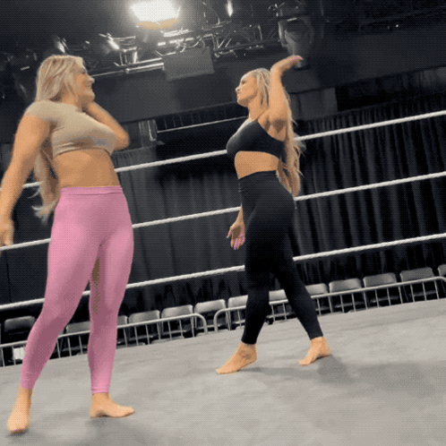 Two Women Are Standing In A Wrestling Ring And One Is Wearing Pink Pants GIF