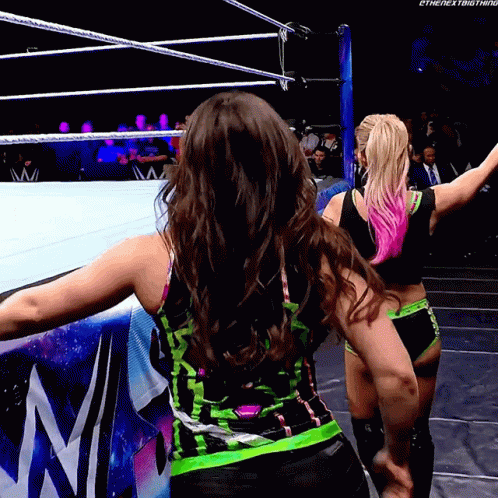 two women are standing in a wrestling ring with their arms outstretched and the words " the next thing " on the bottom r