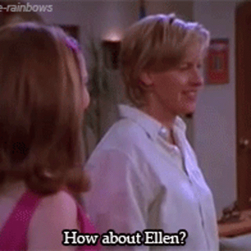 Two Women Are Standing Next To Each Other And One Of Them Is Saying How About Ellen GIF