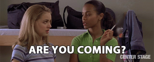 Two Women Are Standing Next To Each Other And The Words Are You Coming Center Stage GIF