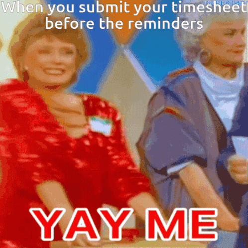 Two Women Are Standing Next To Each Other With The Words " Yay Me " Written On The Bottom GIF