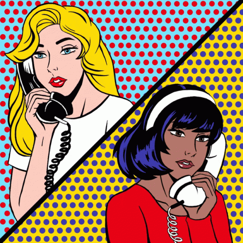 Two Women Are Talking On Telephones In A Pop Art Style GIF