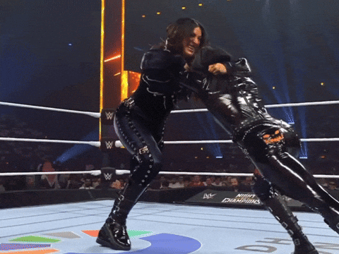 Two Women Are Wrestling In A Ring With A Sign That Says Night Champions In The Background GIF
