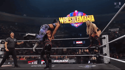 Two Women Are Wrestling In A Ring With A Sign That Says World Heavyweight Championship GIF