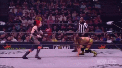 Two Women Are Wrestling In A Wrestling Ring With A Referee In The Background . GIF