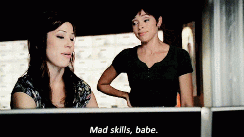 Two Women at Computer Saying Mad Skills Babe