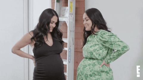 Two Women Bumps Their Pregnant Belly GIF
