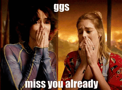 Two Women Covering Mouths Saying Miss You Already GIF