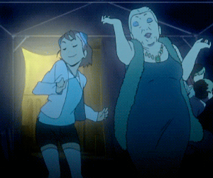 Two Women Dancing in Dark Room