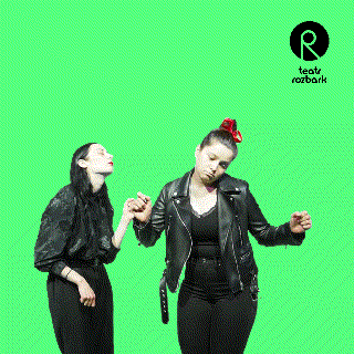 Two Women Dancing In Front Of A Green Screen That Says Teatr Rozbark On It GIF