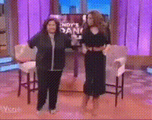 Two Women Dancing on Stage at Andy's Dan